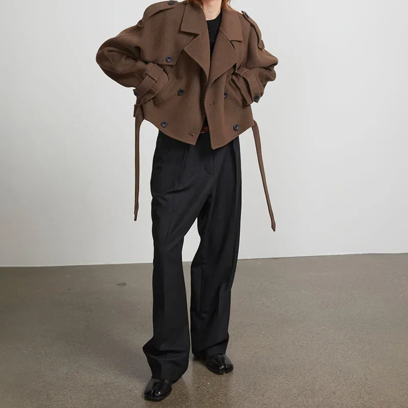 brown belted wool short trench