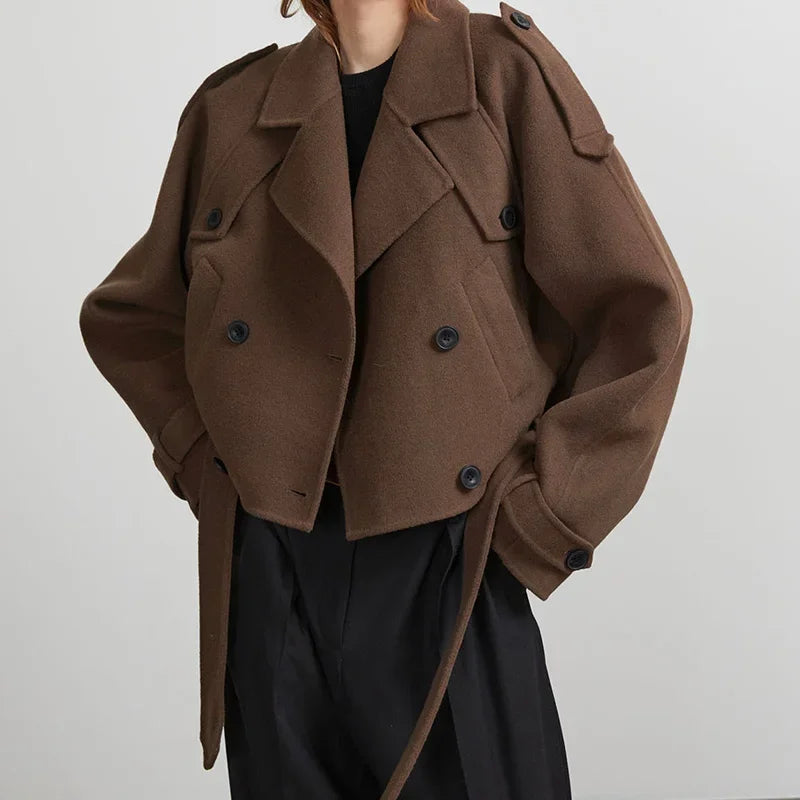 brown belted wool short trench