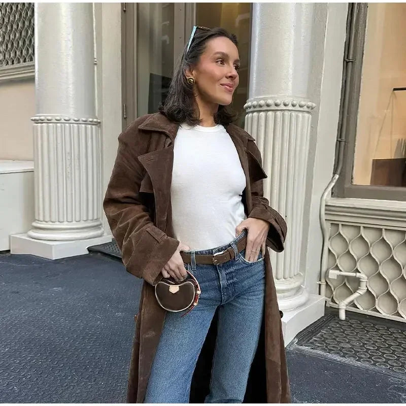 brown suede maxi coat