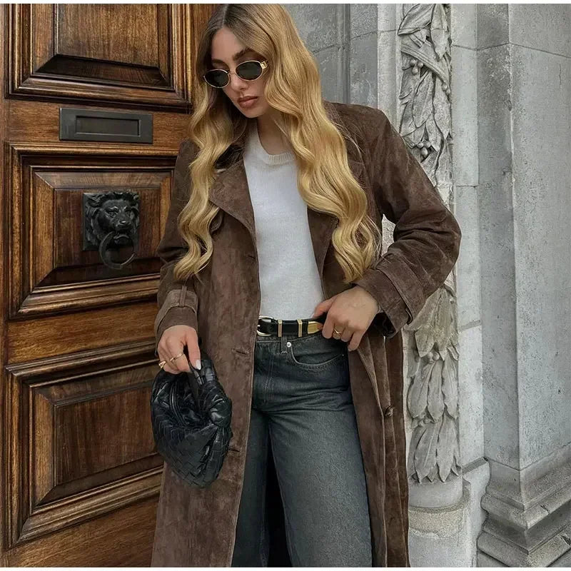 brown suede maxi coat