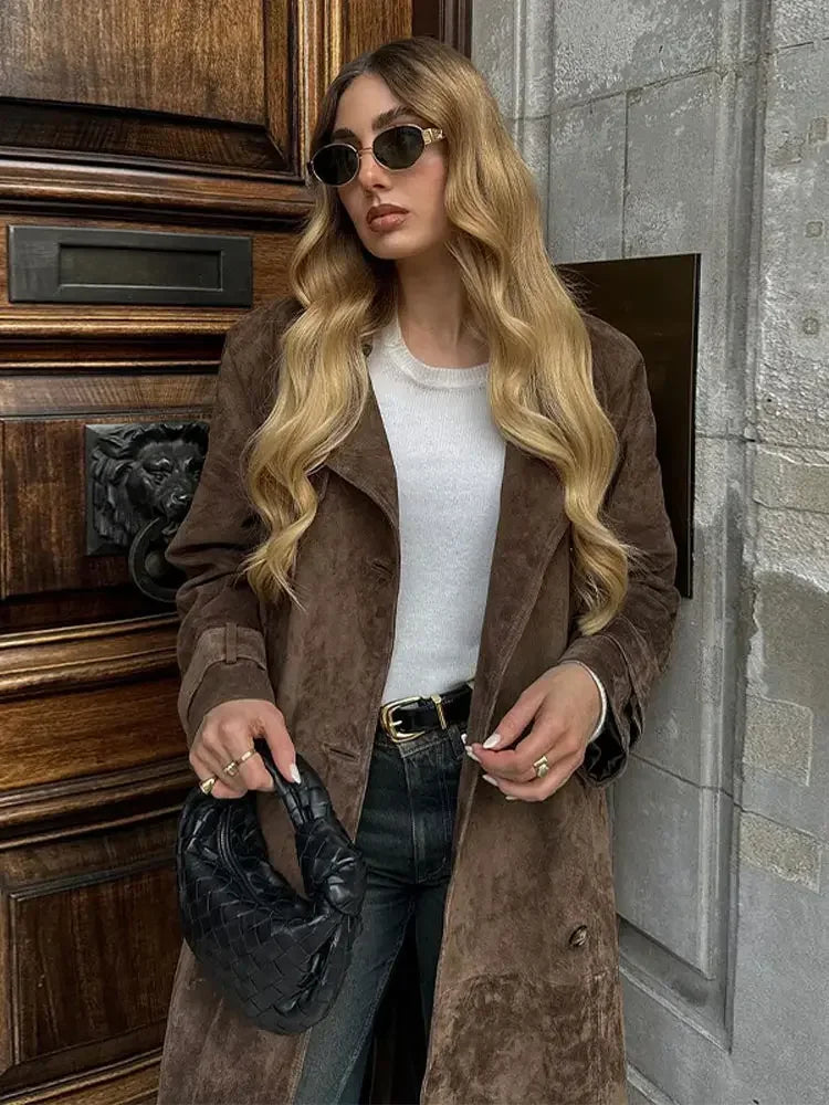brown suede maxi coat