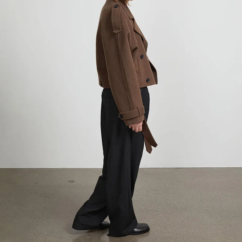brown belted wool short trench