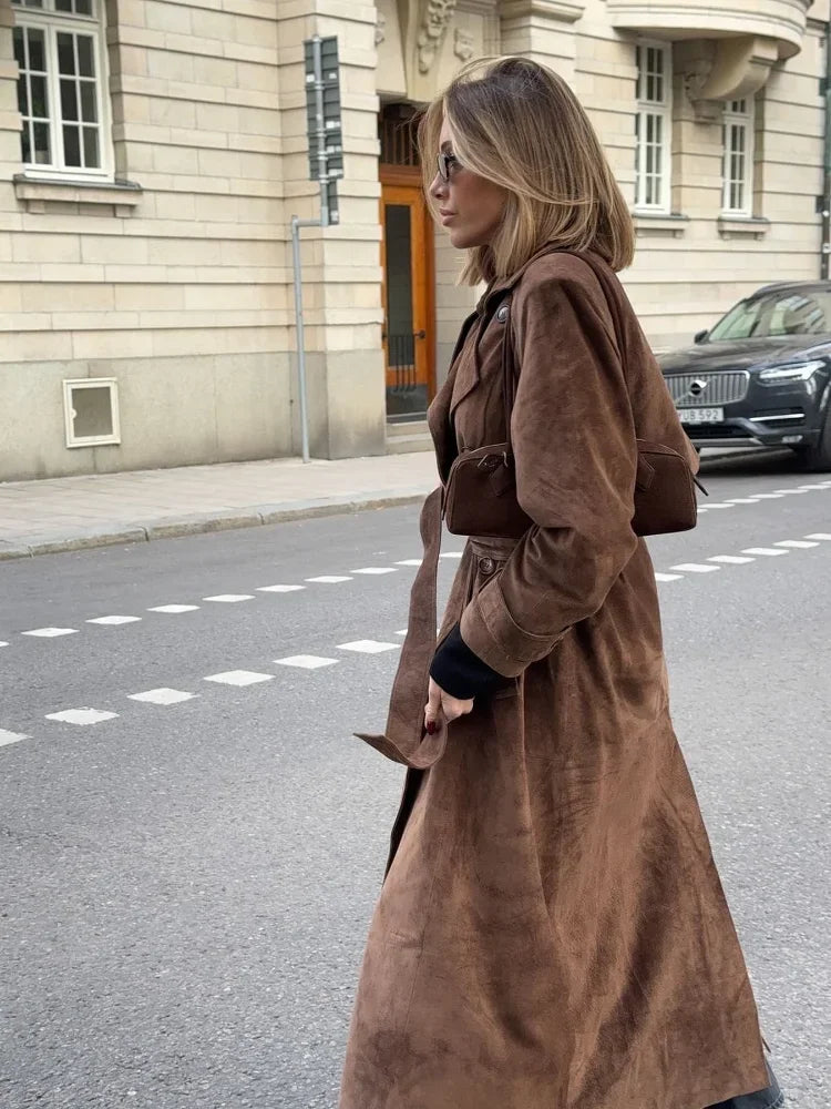brown suede maxi coat