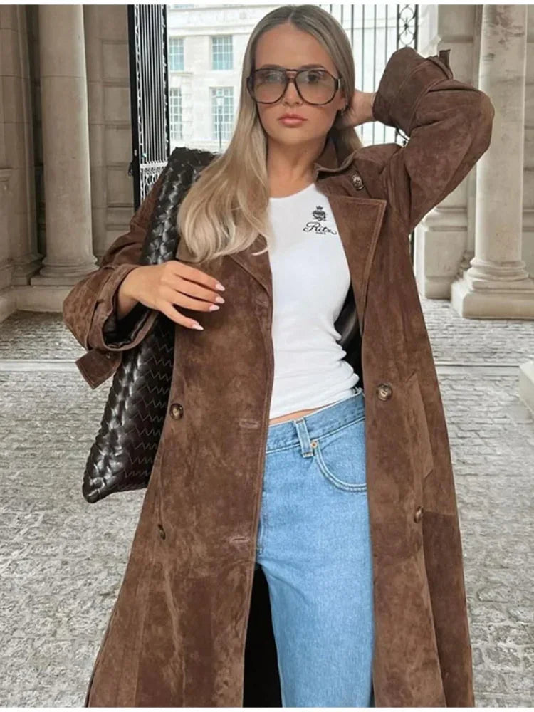 brown suede maxi coat