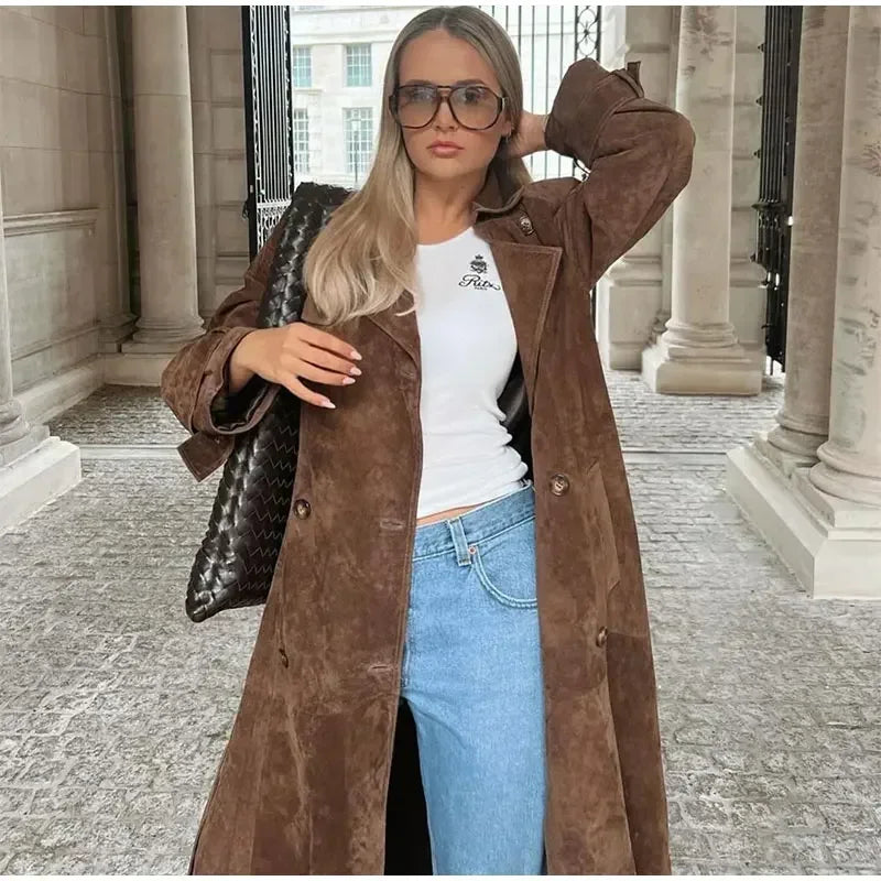 brown suede maxi coat