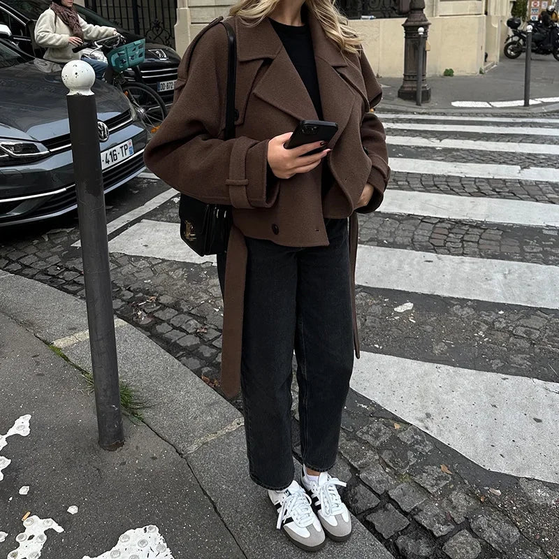 brown belted wool short trench