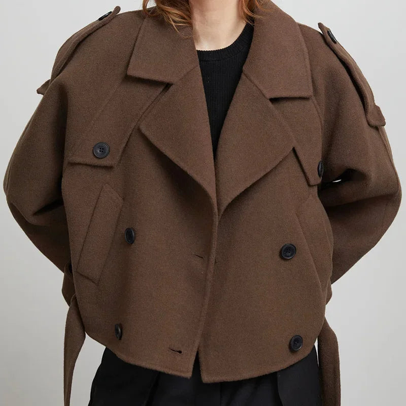 brown belted wool short trench