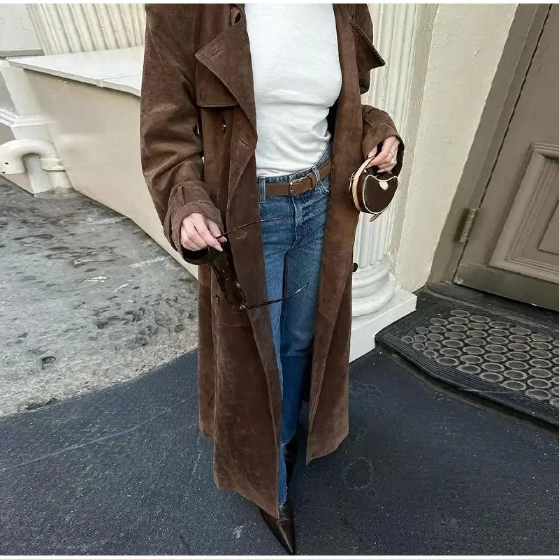 brown suede maxi coat