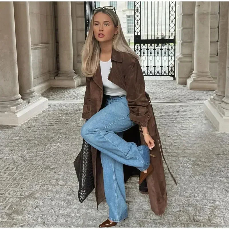 brown suede maxi coat