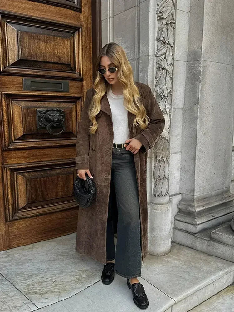 brown suede maxi coat
