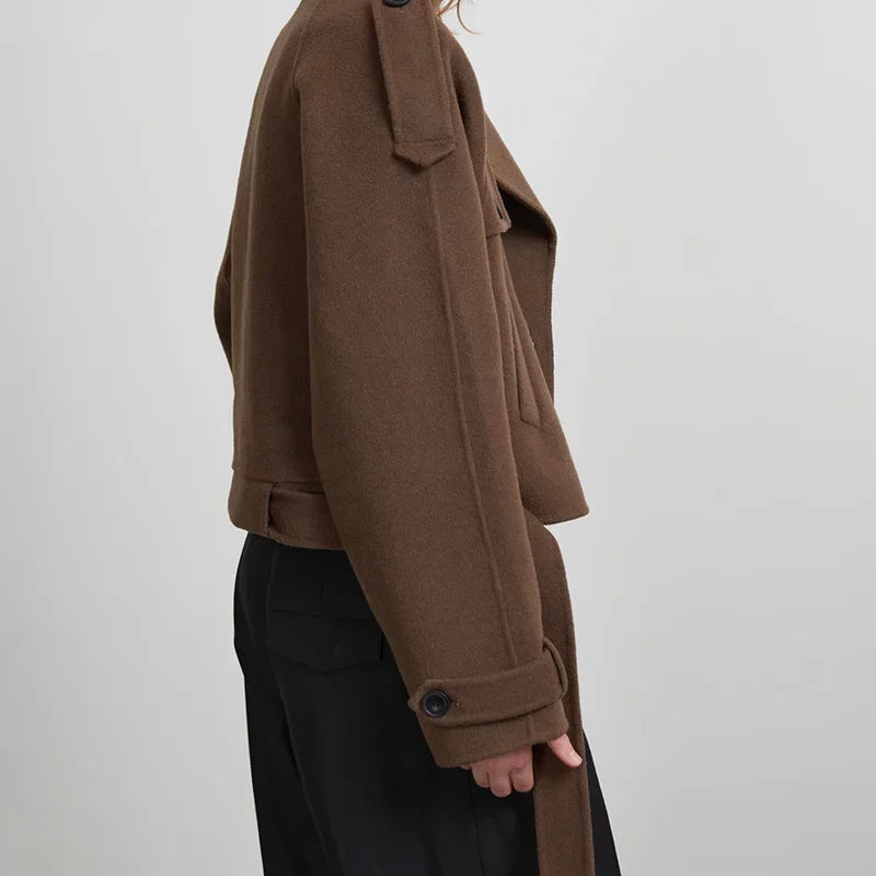 brown belted wool short trench
