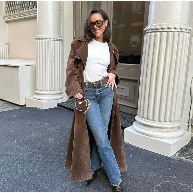 brown suede maxi coat