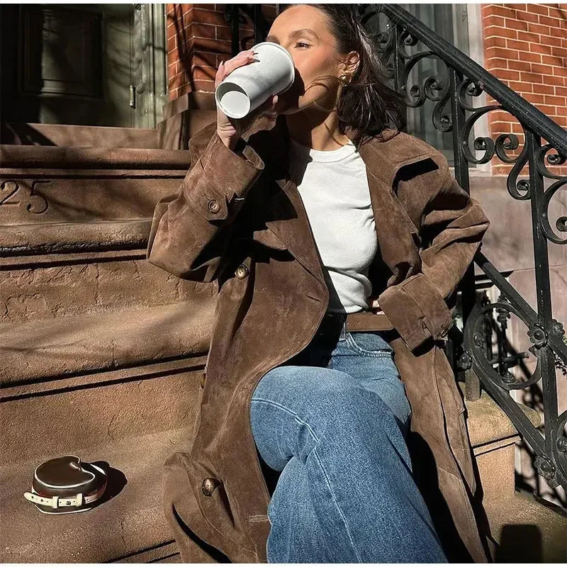 brown suede maxi coat