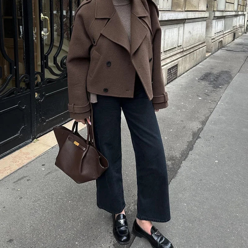 brown belted wool short trench