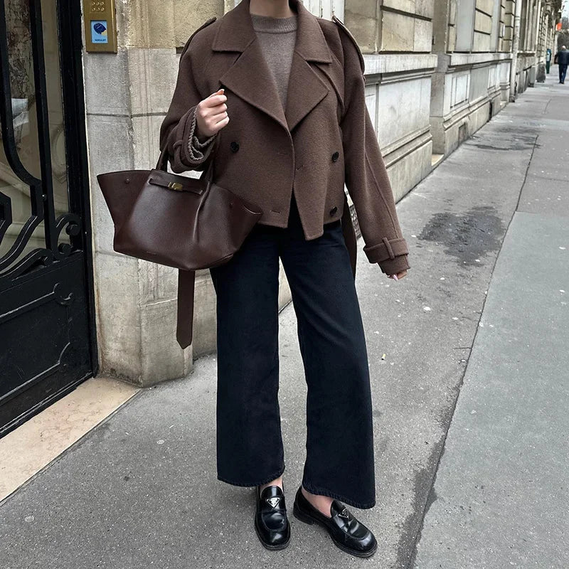 brown belted wool short trench