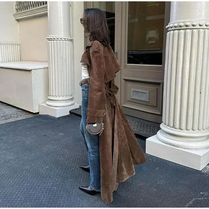 brown suede maxi coat