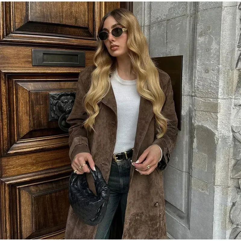 brown suede maxi coat