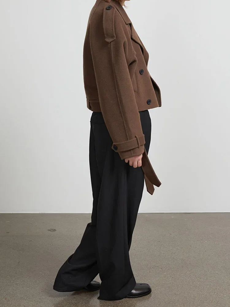 brown belted wool short trench