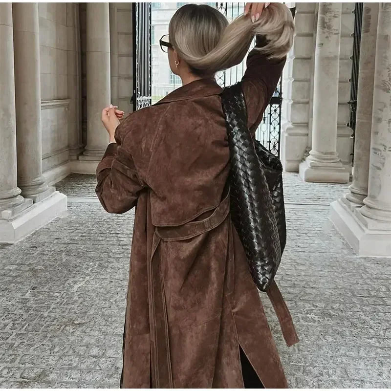 brown suede maxi coat