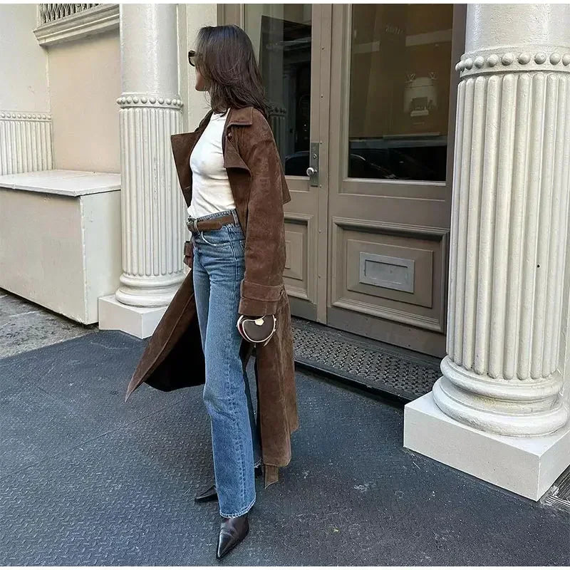 brown suede maxi coat