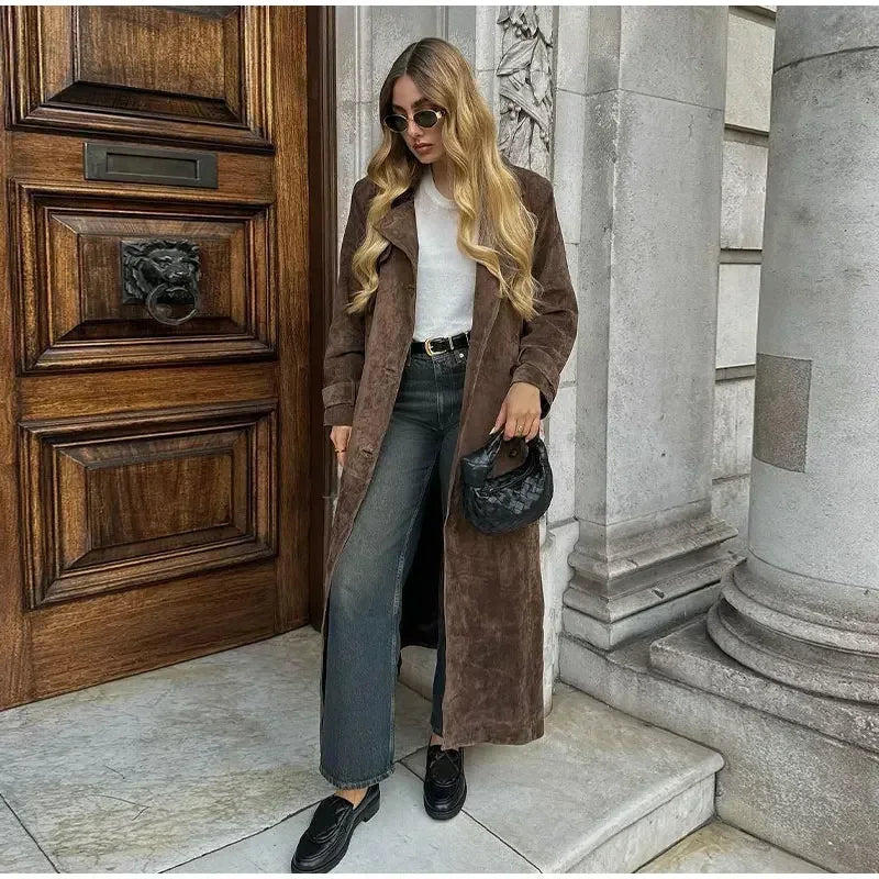 brown suede maxi coat
