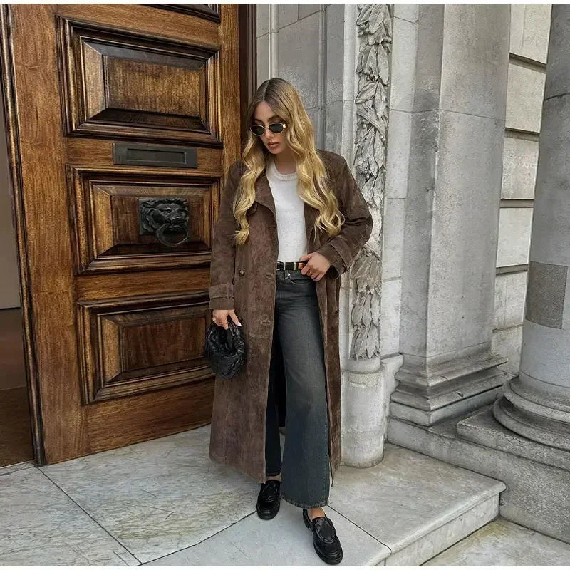 brown suede maxi coat