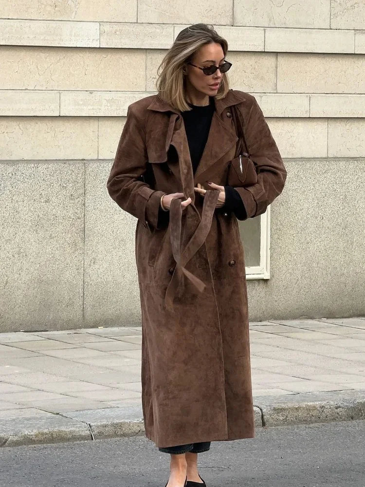 brown suede maxi coat